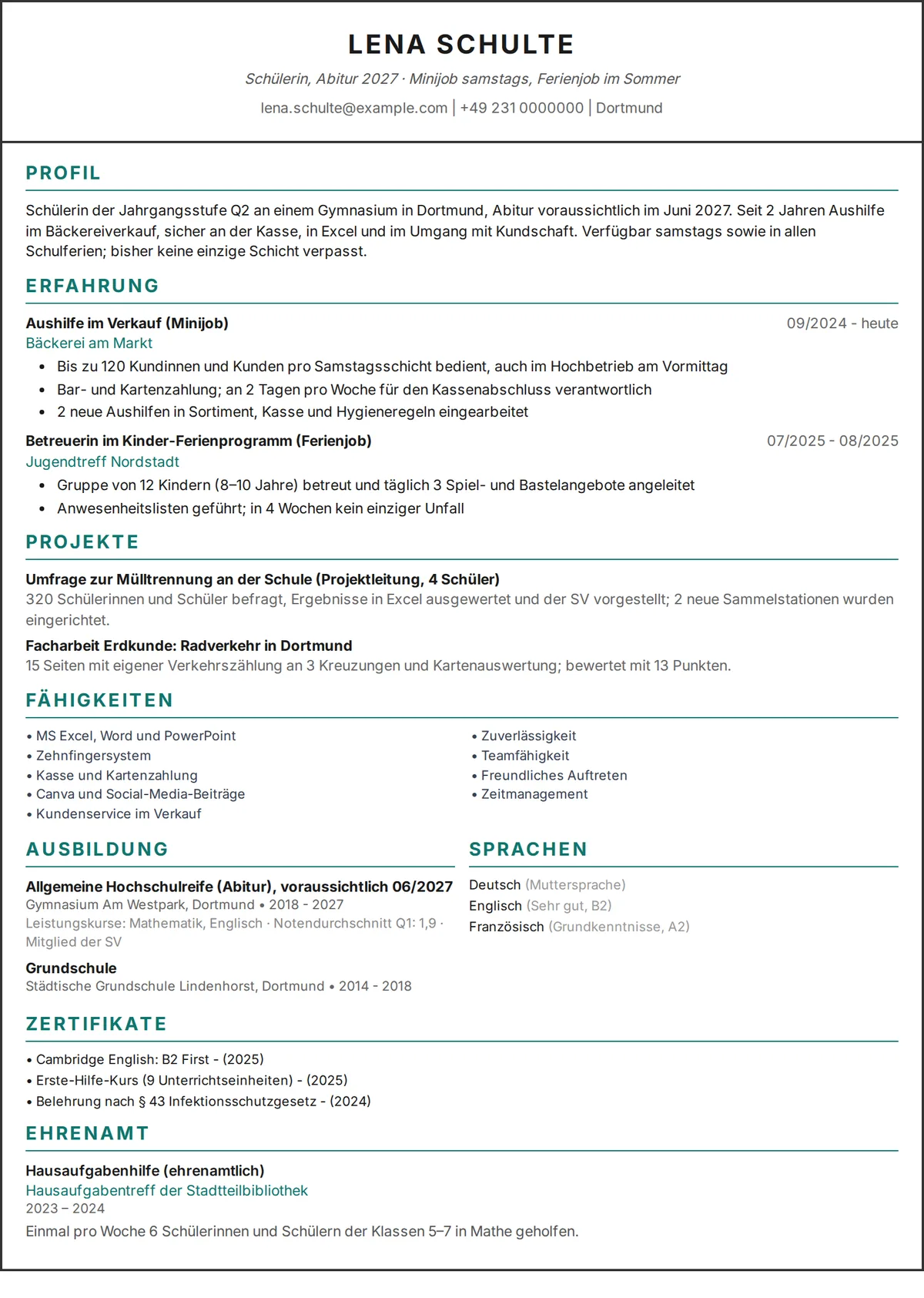 Lebenslauf Schüler Beispiel: einseitiger tabellarischer Lebenslauf einer Schülerin mit Minijob, Ferienjob und Schulprojekten im einspaltigen Design