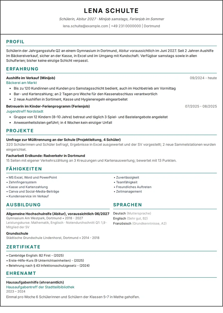 Lebenslauf Schüler Beispiel: einseitiger tabellarischer Lebenslauf einer Schülerin mit Minijob, Ferienjob und Schulprojekten im einspaltigen Design