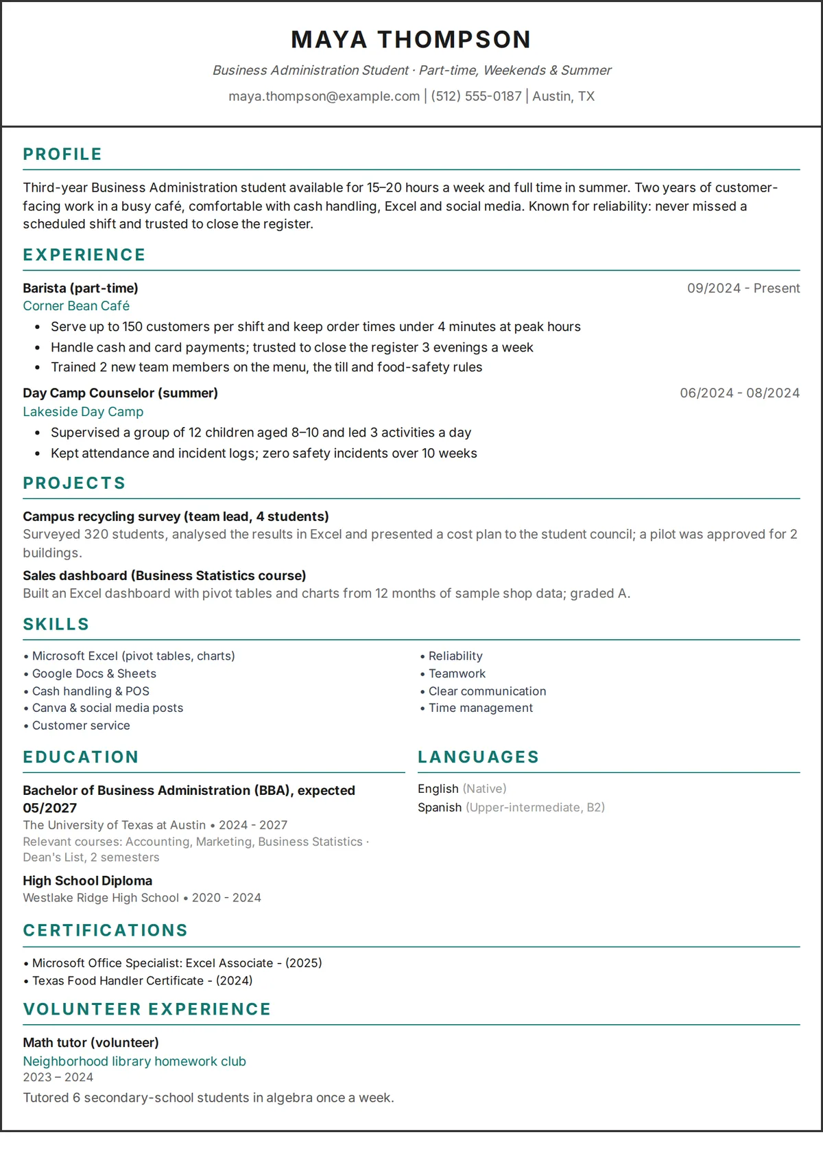 Student resume example: one-page CV of a university student with part-time jobs and projects in a single-column design