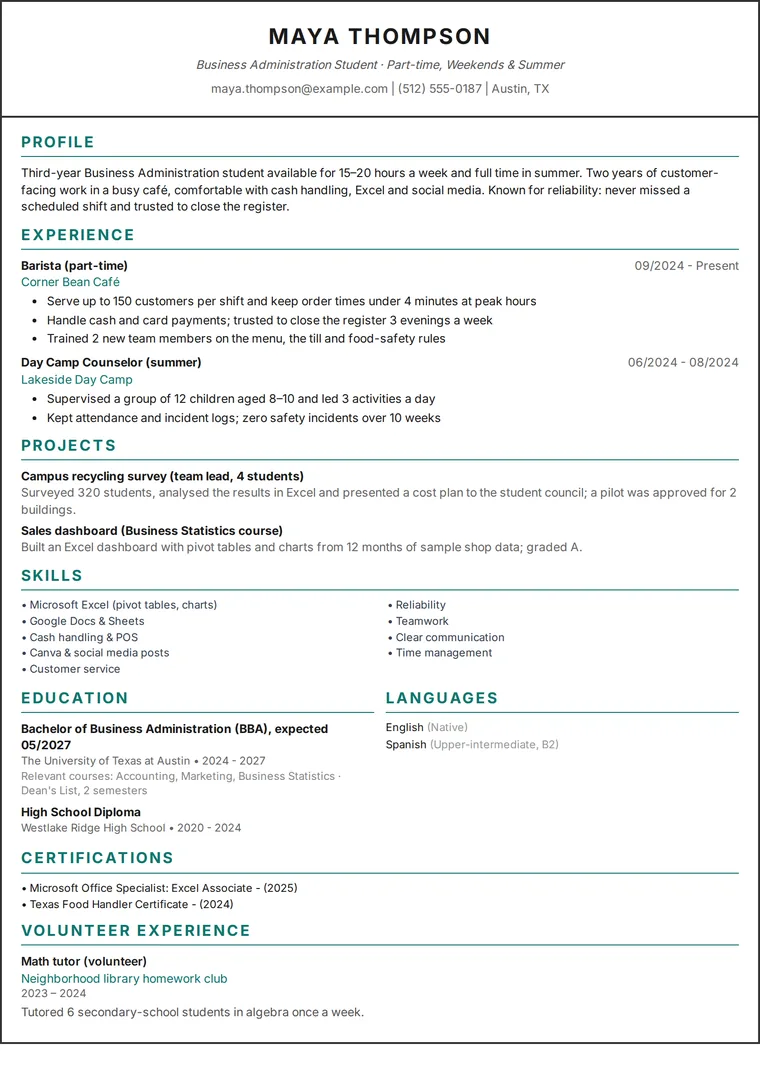 Student resume example: one-page CV of a university student with part-time jobs and projects in a single-column design