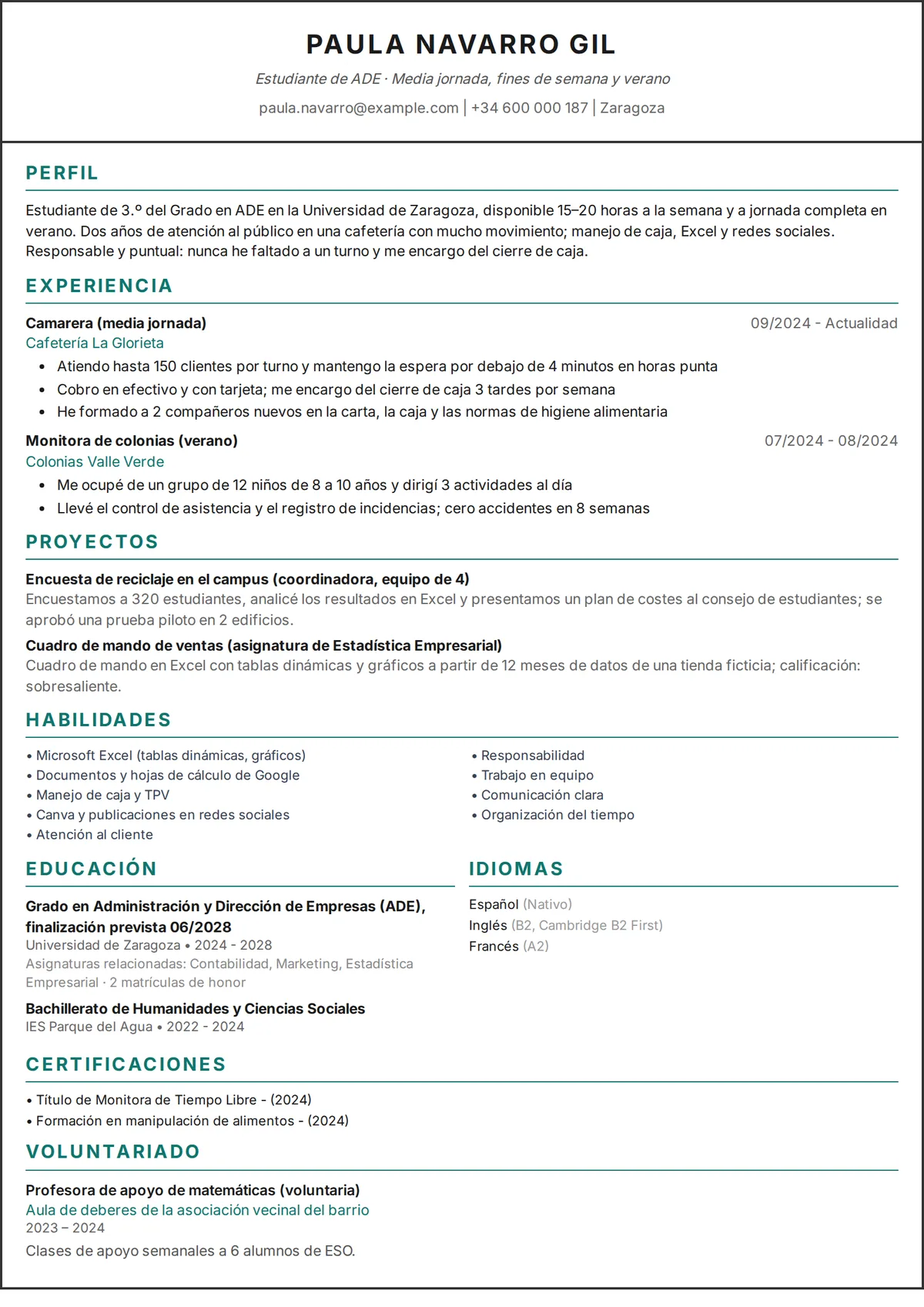 Ejemplo de CV de estudiante: currículum de una página de una estudiante universitaria con trabajos a tiempo parcial y proyectos, en diseño de una columna