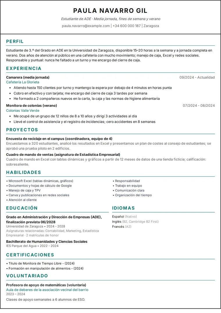 Ejemplo de CV de estudiante: currículum de una página de una estudiante universitaria con trabajos a tiempo parcial y proyectos, en diseño de una columna