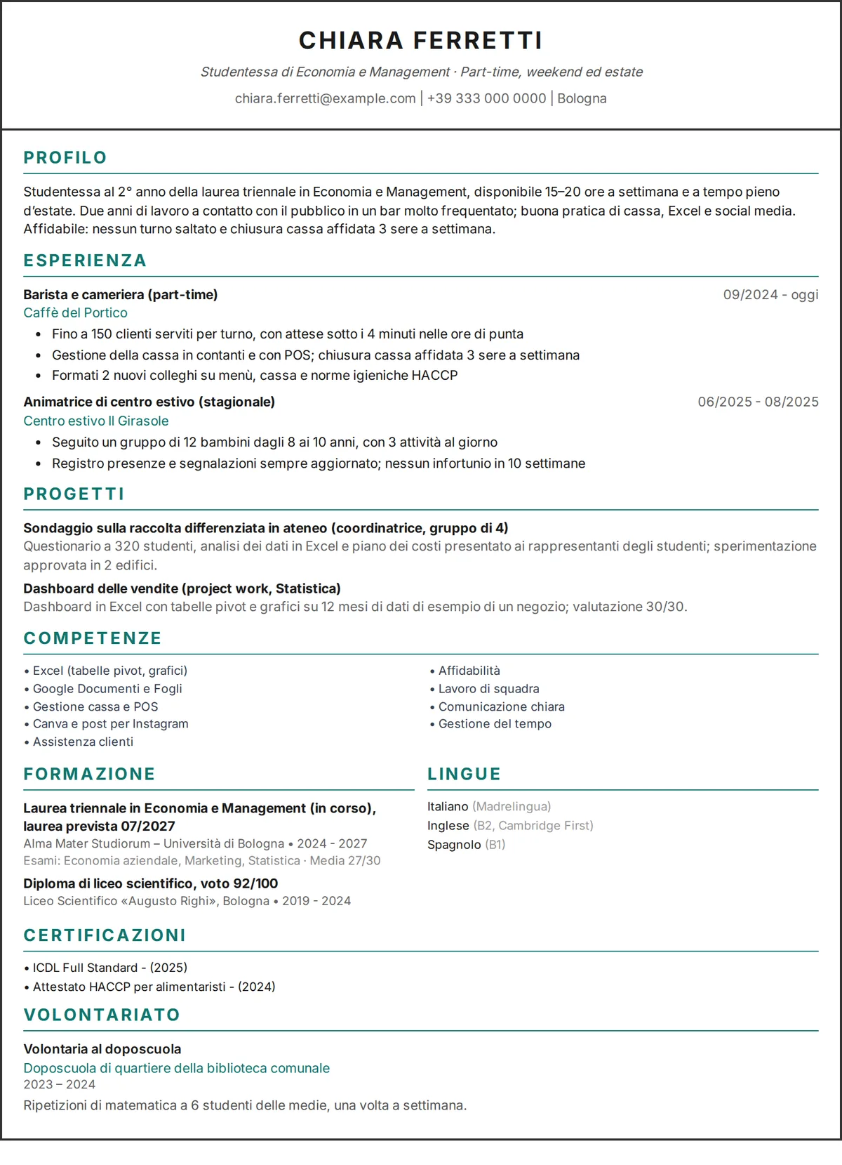 Esempio di CV studente: curriculum di una pagina di una studentessa universitaria con lavoro part-time, lavoro estivo e progetti, design a una colonna