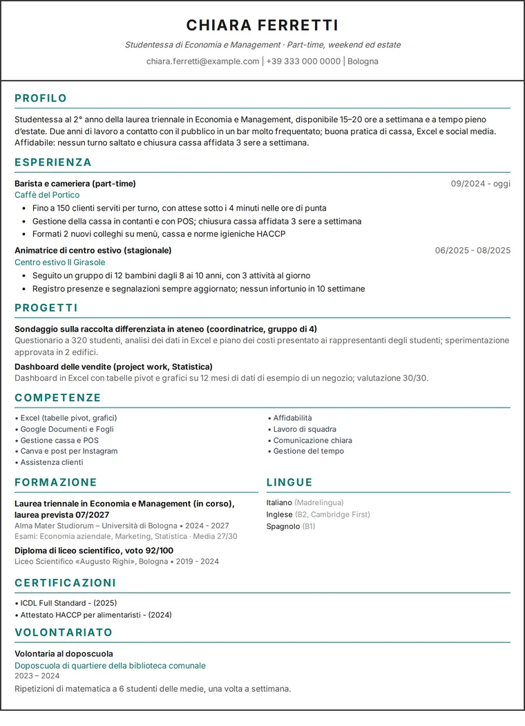 Esempio di CV studente: curriculum di una pagina di una studentessa universitaria con lavoro part-time, lavoro estivo e progetti, design a una colonna