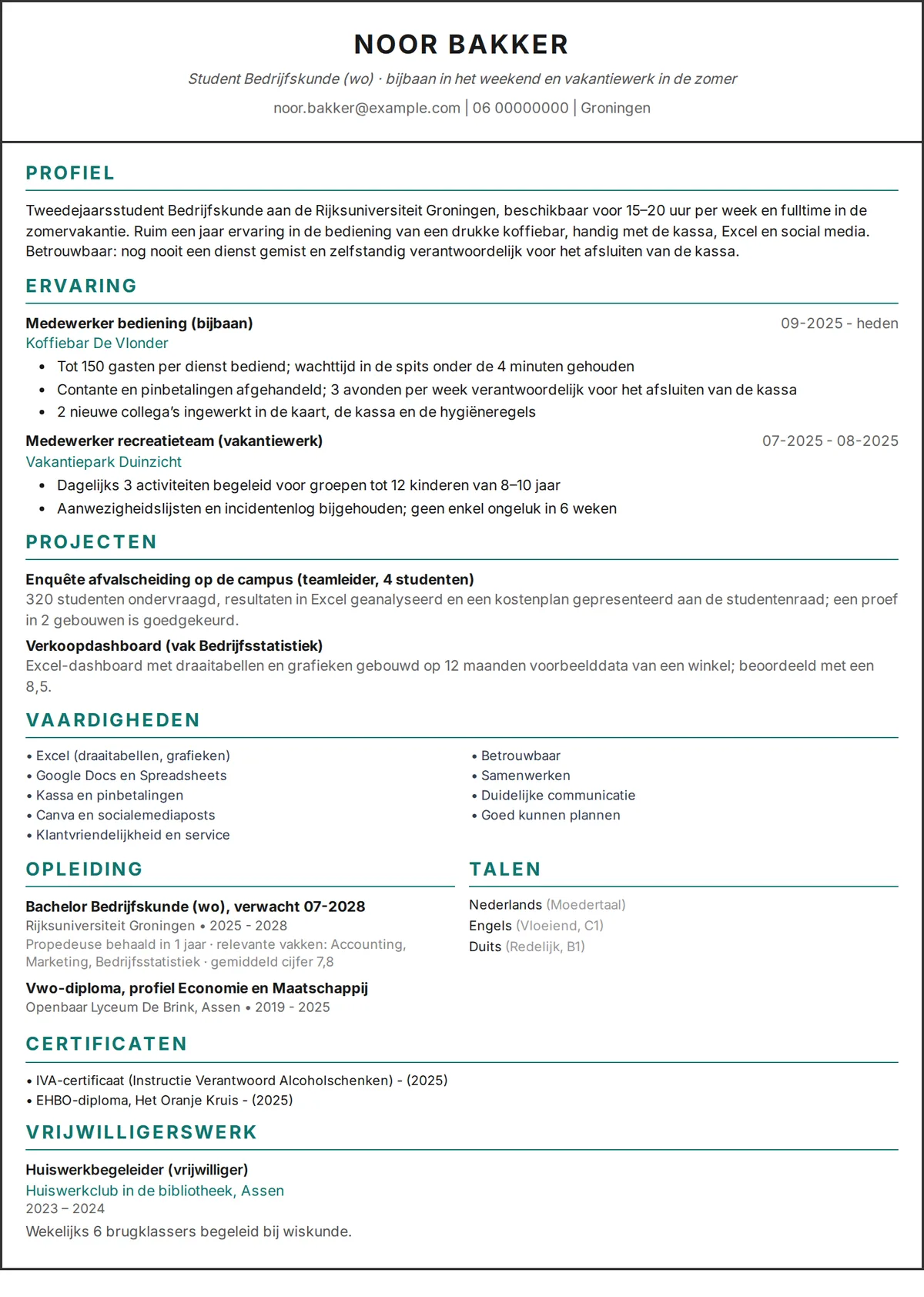 Cv student voorbeeld: cv van één pagina van een hbo/wo-student met bijbaan, vakantiewerk en projecten in een ontwerp met één kolom