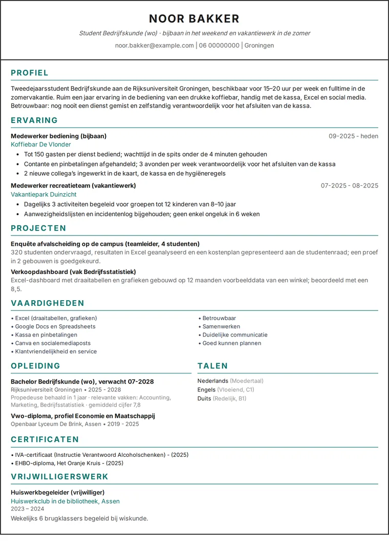Cv student voorbeeld: cv van één pagina van een hbo/wo-student met bijbaan, vakantiewerk en projecten in een ontwerp met één kolom