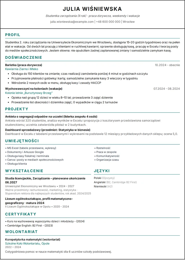 Wzór CV studenta: jednostronicowe CV studentki z pracą dorywczą i projektami w szablonie jednokolumnowym