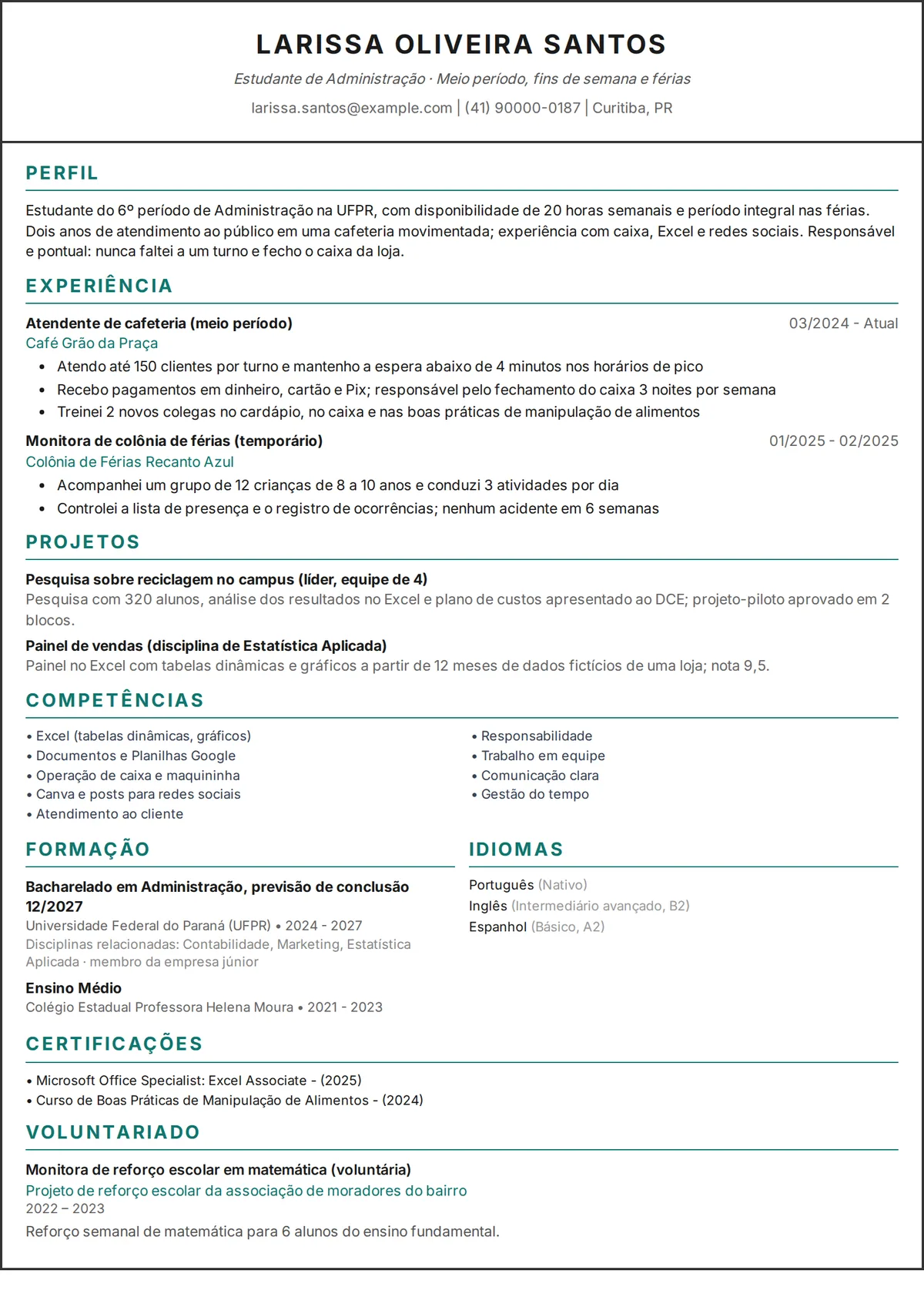 Exemplo de currículo de estudante: currículo de uma página de uma universitária com trabalhos de meio período e projetos, em design de uma coluna
