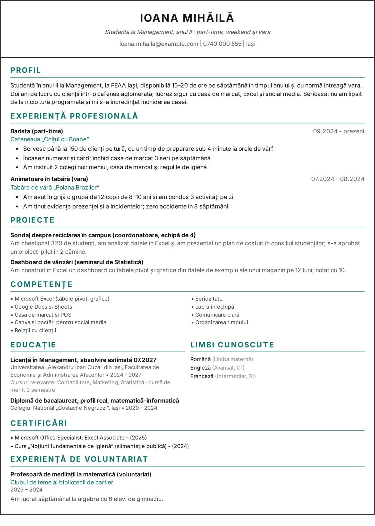 Exemplu de CV student fără experiență: CV pe o pagină al unei studente cu job part-time și proiecte, design pe o singură coloană
