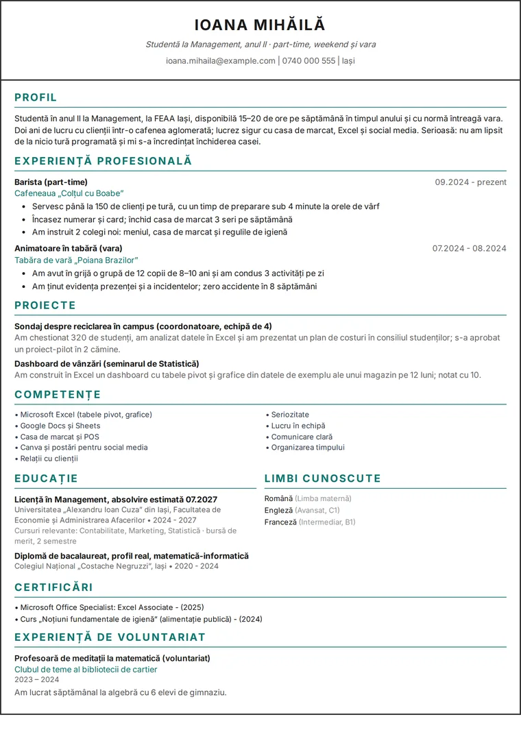 Exemplu de CV student fără experiență: CV pe o pagină al unei studente cu job part-time și proiecte, design pe o singură coloană