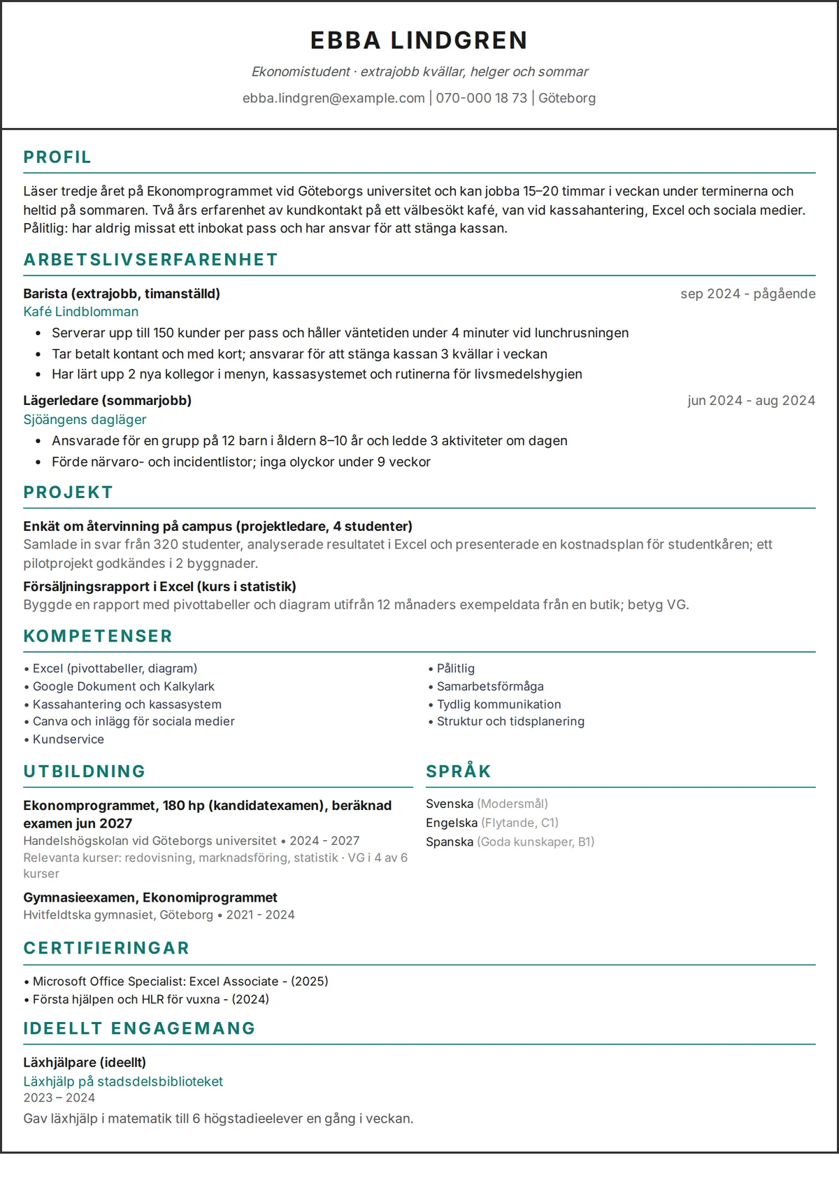 Exempel på CV för student: CV på en sida för en universitetsstudent med extrajobb och projekt i en design med en kolumn
