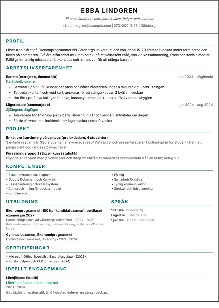 Exempel på CV för student: CV på en sida för en universitetsstudent med extrajobb och projekt i en design med en kolumn