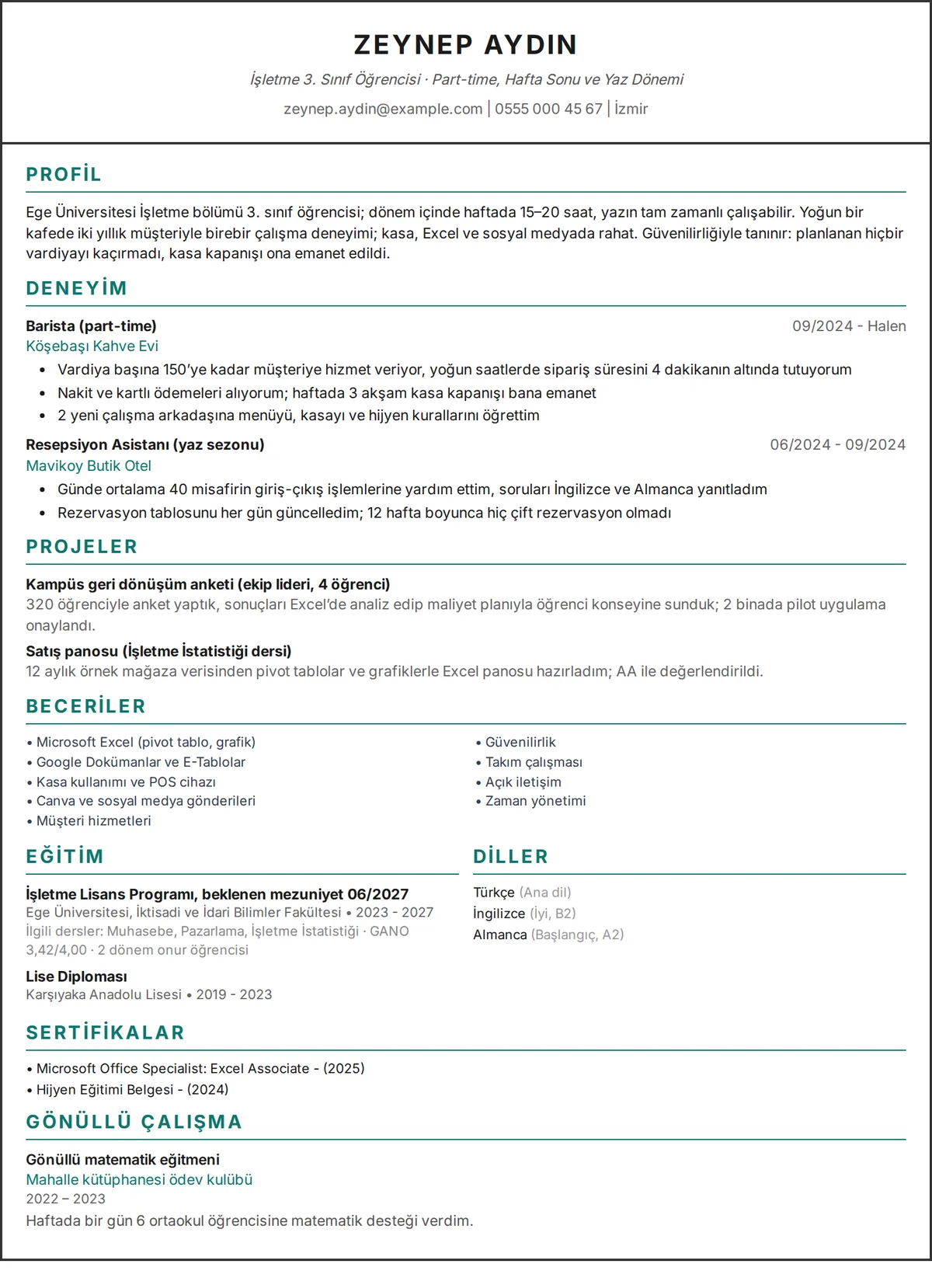 Öğrenci CV örneği: tek sütunlu tasarımda part-time işleri ve projeleri olan bir üniversite öğrencisinin tek sayfalık CV’si