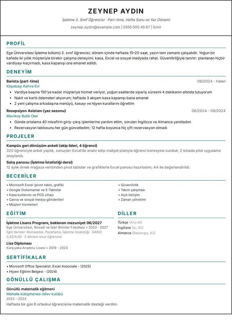 Öğrenci CV örneği: tek sütunlu tasarımda part-time işleri ve projeleri olan bir üniversite öğrencisinin tek sayfalık CV’si