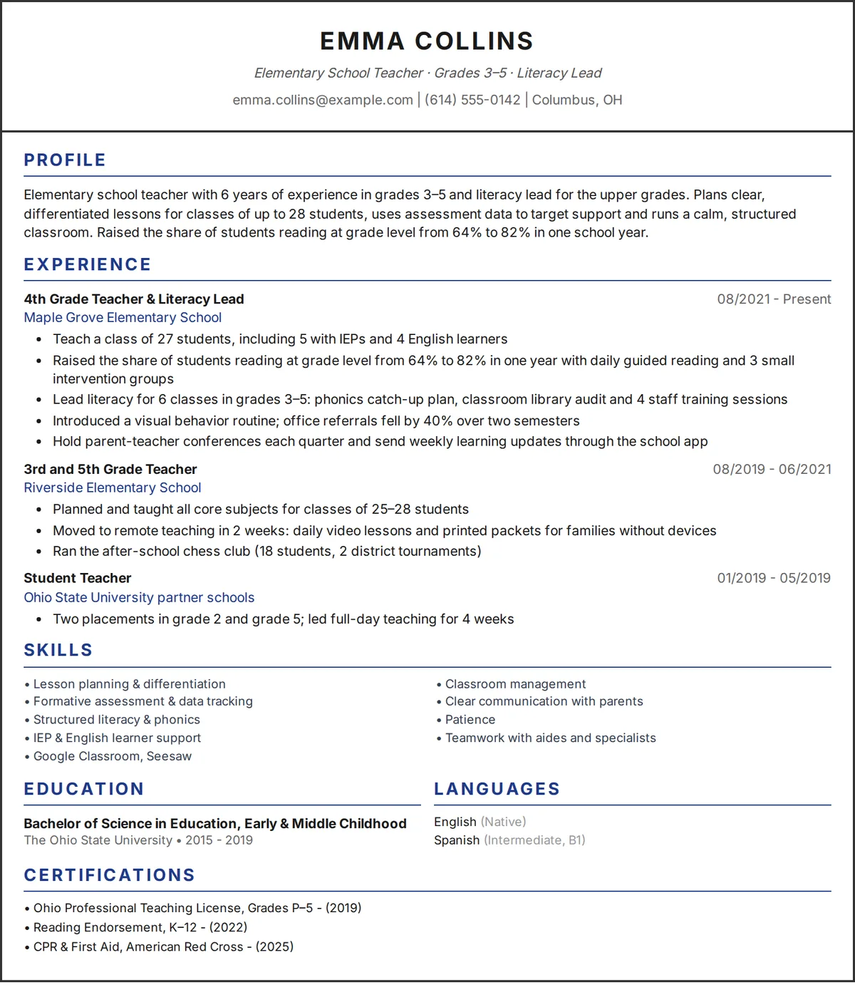 Teacher resume example: one-page CV of an elementary school teacher in a single-column design