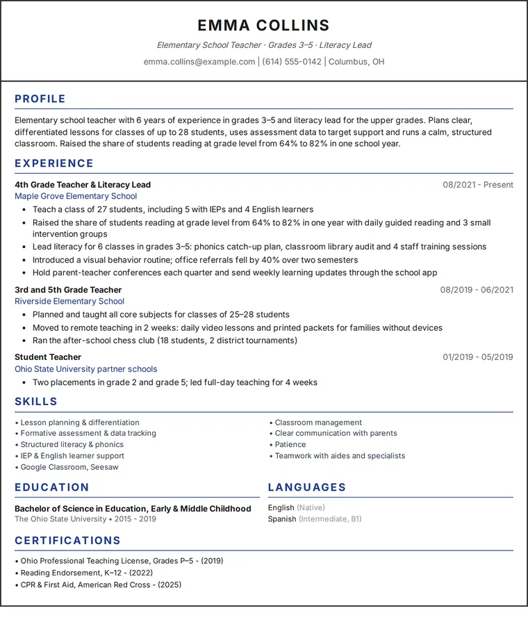 Teacher resume example: one-page CV of an elementary school teacher in a single-column design