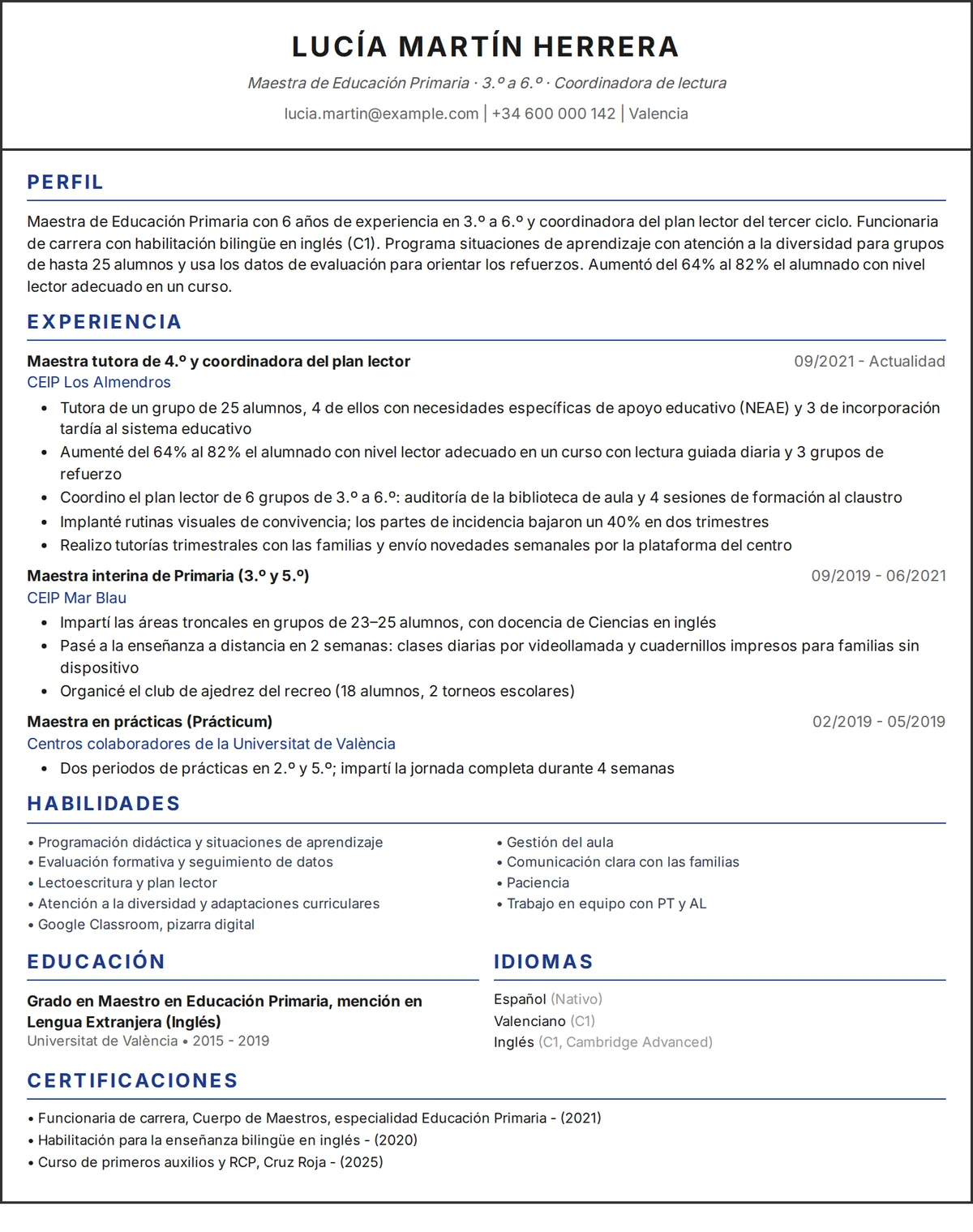 Ejemplo de currículum docente: CV de una página de una maestra de Educación Primaria en diseño de una columna