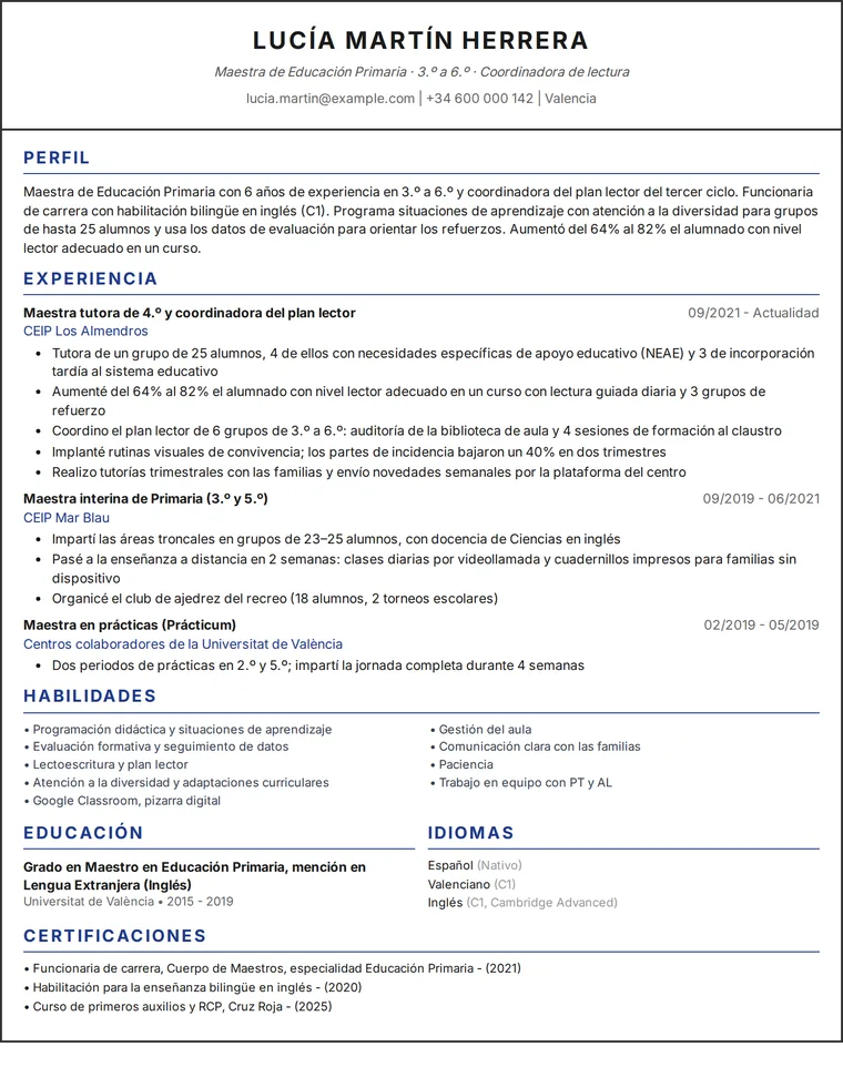 Ejemplo de currículum docente: CV de una página de una maestra de Educación Primaria en diseño de una columna