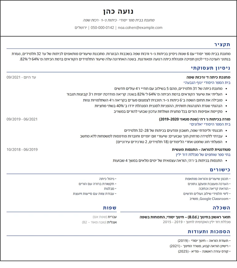 דוגמה לקורות חיים למורה: עמוד אחד של מחנכת בבית ספר יסודי בעיצוב עמודה אחת