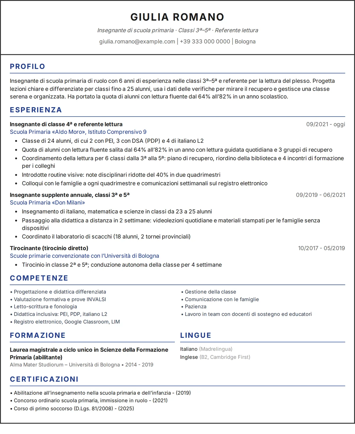 Esempio di curriculum insegnante: CV di una pagina di una maestra di scuola primaria, design a una colonna