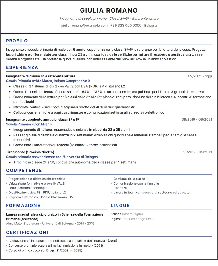 Esempio di curriculum insegnante: CV di una pagina di una maestra di scuola primaria, design a una colonna