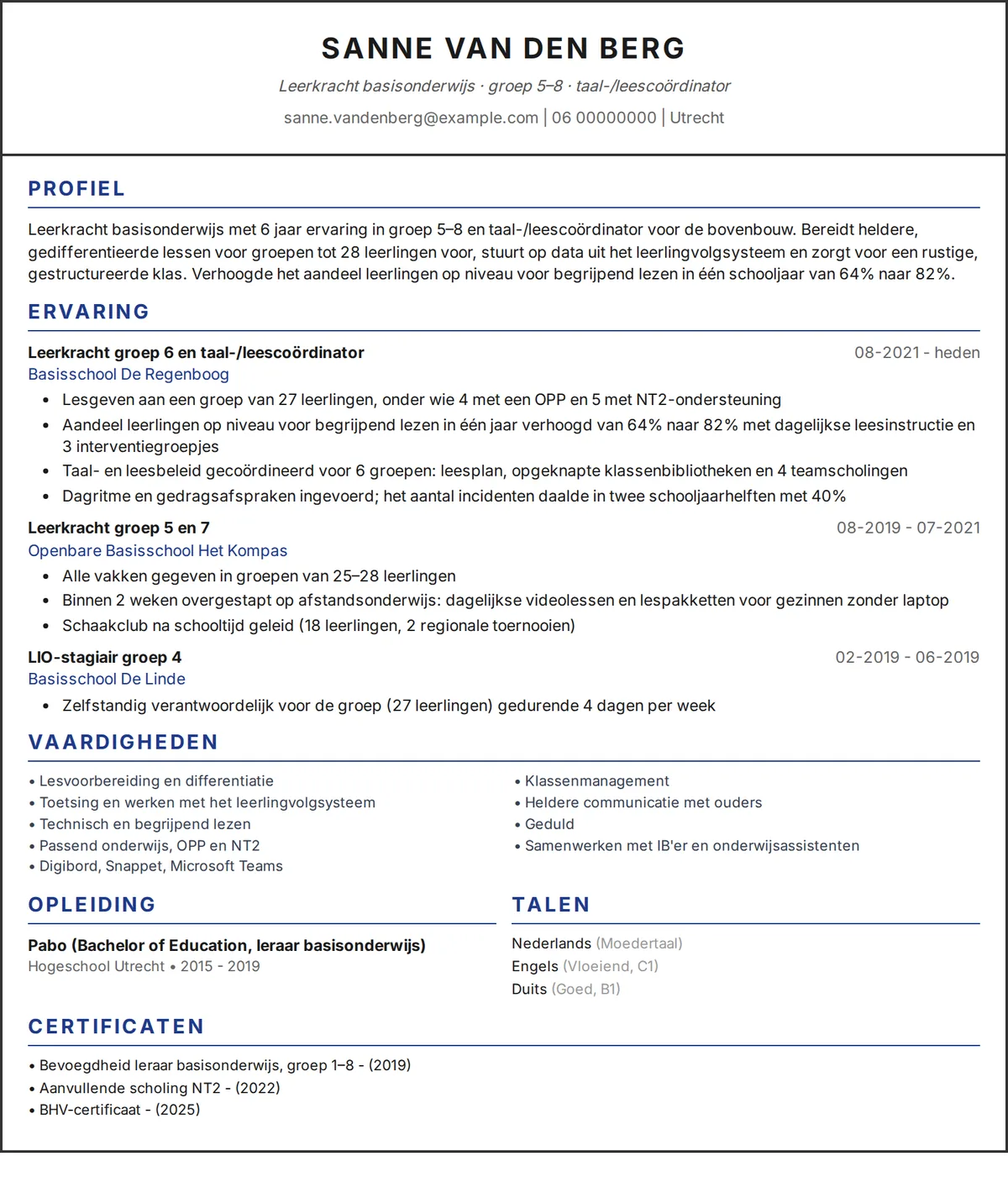 Voorbeeld cv leraar: cv van één pagina van een leerkracht basisonderwijs in een ontwerp met één kolom