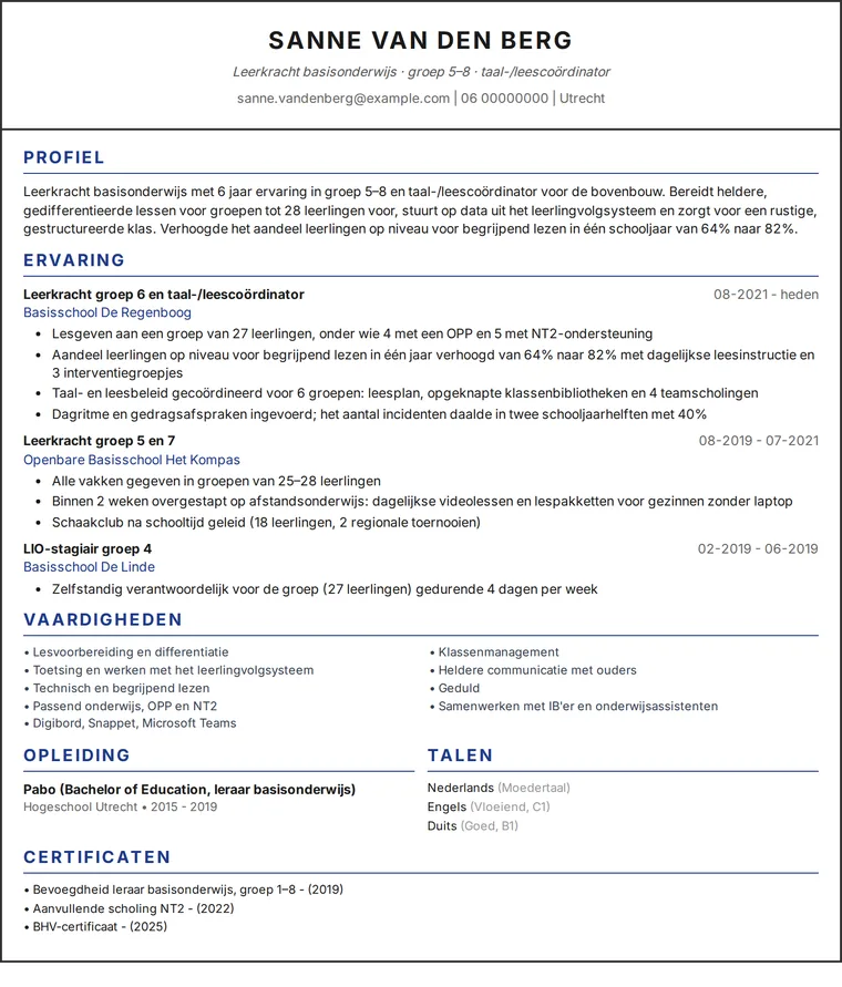 Voorbeeld cv leraar: cv van één pagina van een leerkracht basisonderwijs in een ontwerp met één kolom
