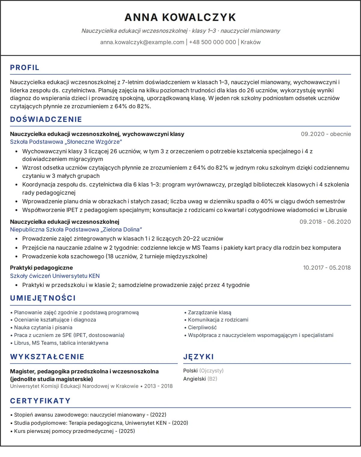 Wzór CV nauczyciela: jednostronicowe CV nauczycielki edukacji wczesnoszkolnej w szablonie jednokolumnowym
