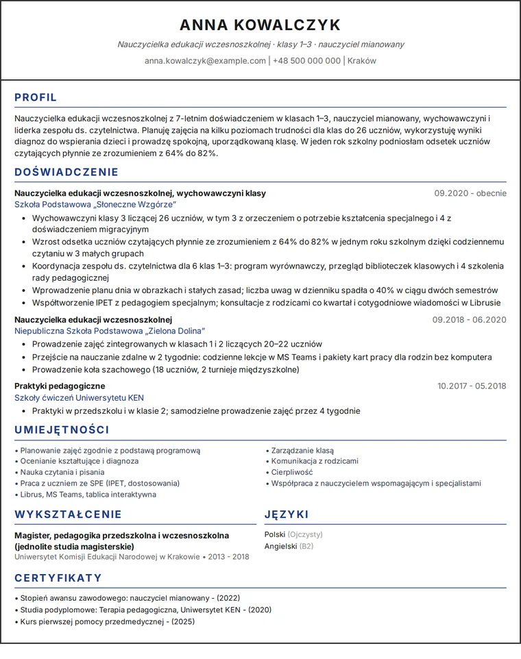 Wzór CV nauczyciela: jednostronicowe CV nauczycielki edukacji wczesnoszkolnej w szablonie jednokolumnowym