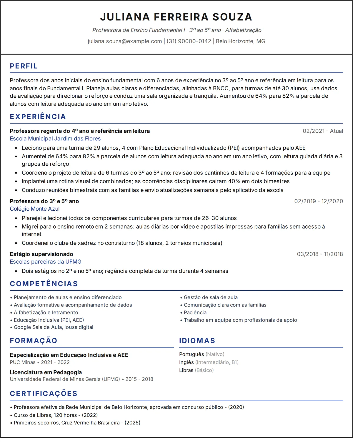 Exemplo de currículo de professor: currículo de uma página de uma professora dos anos iniciais do ensino fundamental em design de uma coluna