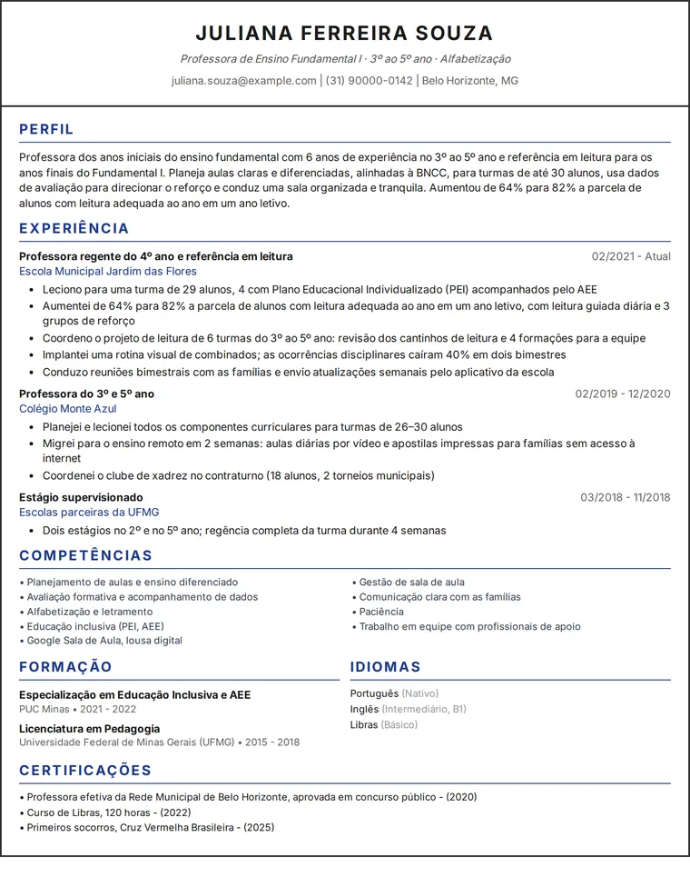 Exemplo de currículo de professor: currículo de uma página de uma professora dos anos iniciais do ensino fundamental em design de uma coluna