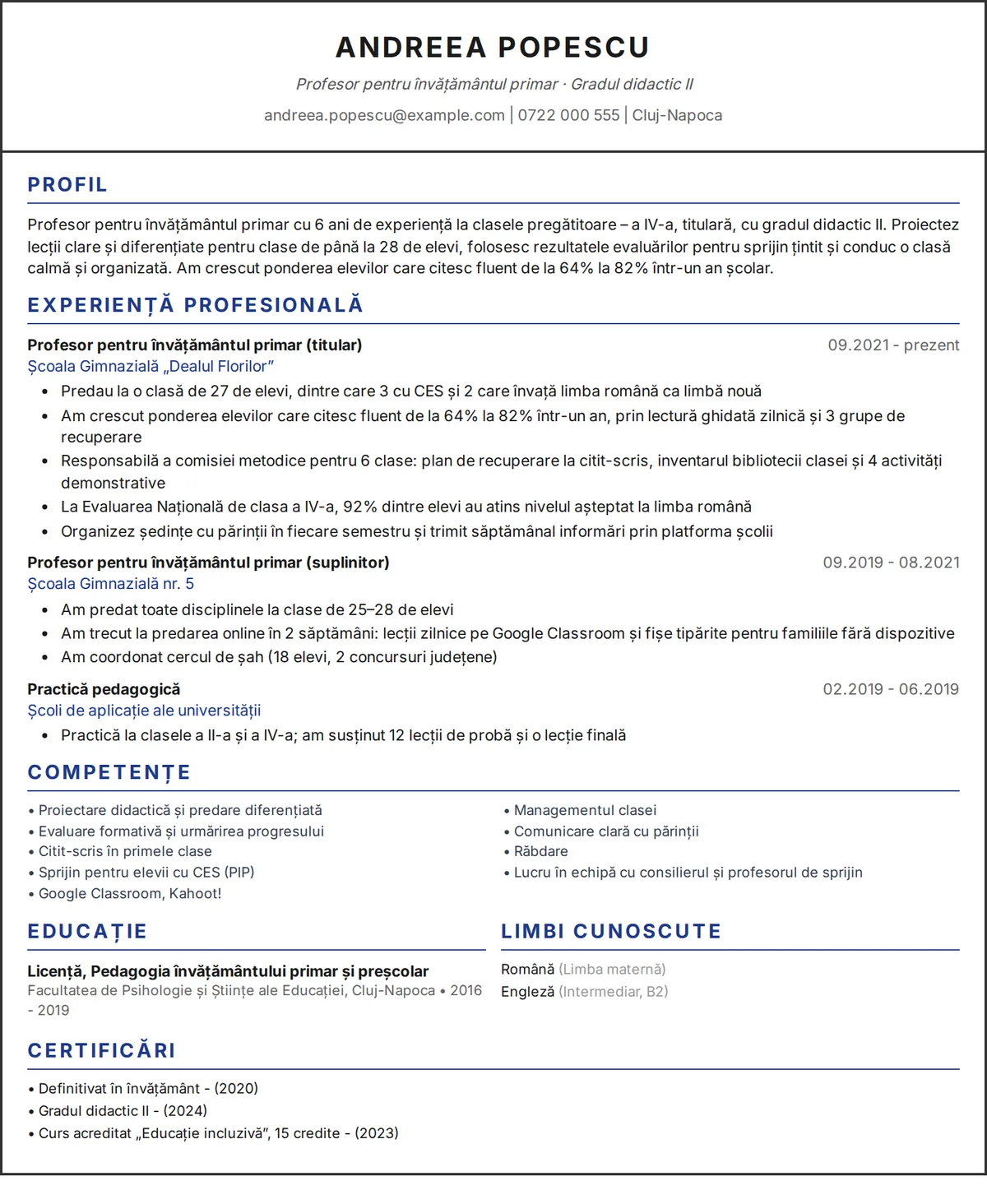 Exemplu de CV profesor: CV pe o pagină al unui profesor pentru învățământul primar, design pe o singură coloană