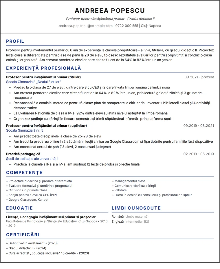 Exemplu de CV profesor: CV pe o pagină al unui profesor pentru învățământul primar, design pe o singură coloană