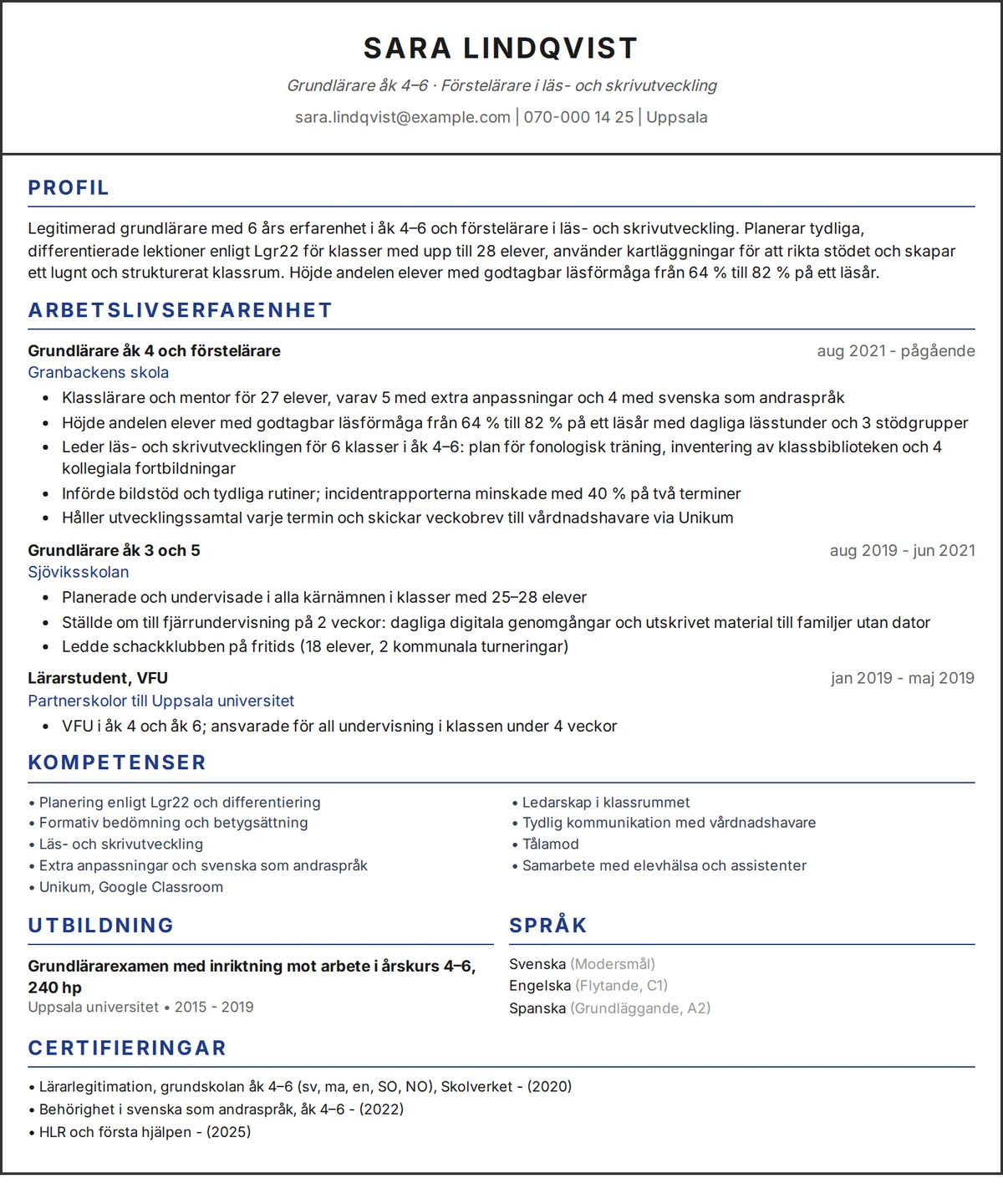 Exempel på CV för lärare: ett sidigt CV för en grundlärare åk 4–6 i en design med en kolumn