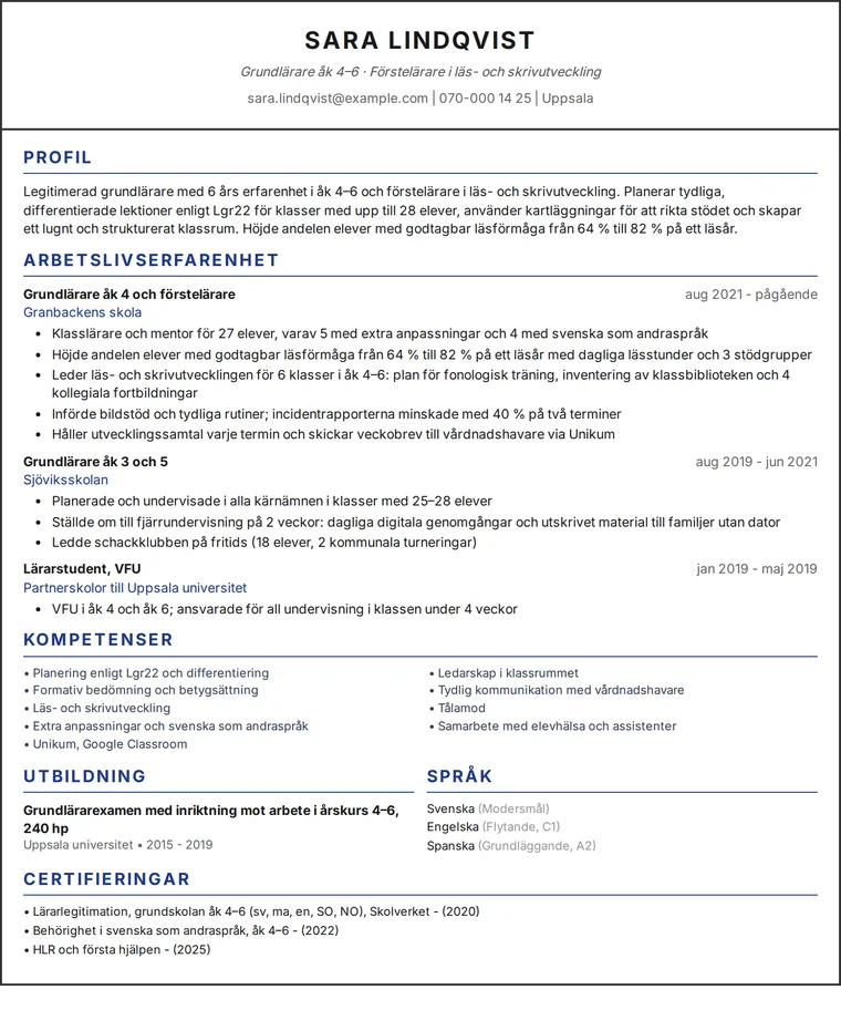 Exempel på CV för lärare: ett sidigt CV för en grundlärare åk 4–6 i en design med en kolumn