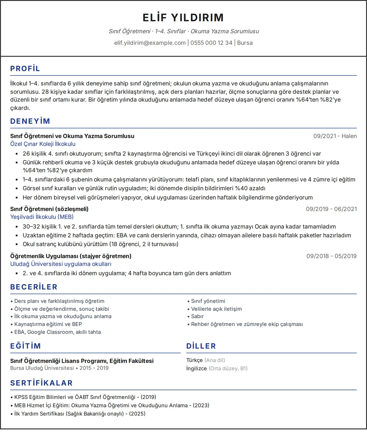 Öğretmen CV örneği: tek sütunlu tasarımda bir sınıf öğretmeninin tek sayfalık CV’si