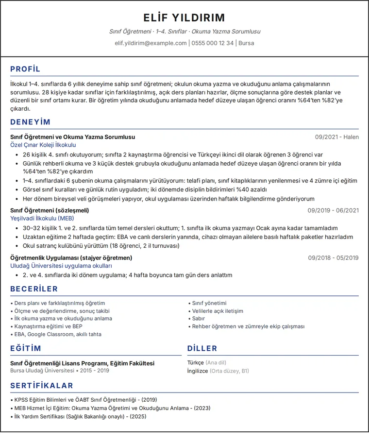 Öğretmen CV örneği: tek sütunlu tasarımda bir sınıf öğretmeninin tek sayfalık CV’si
