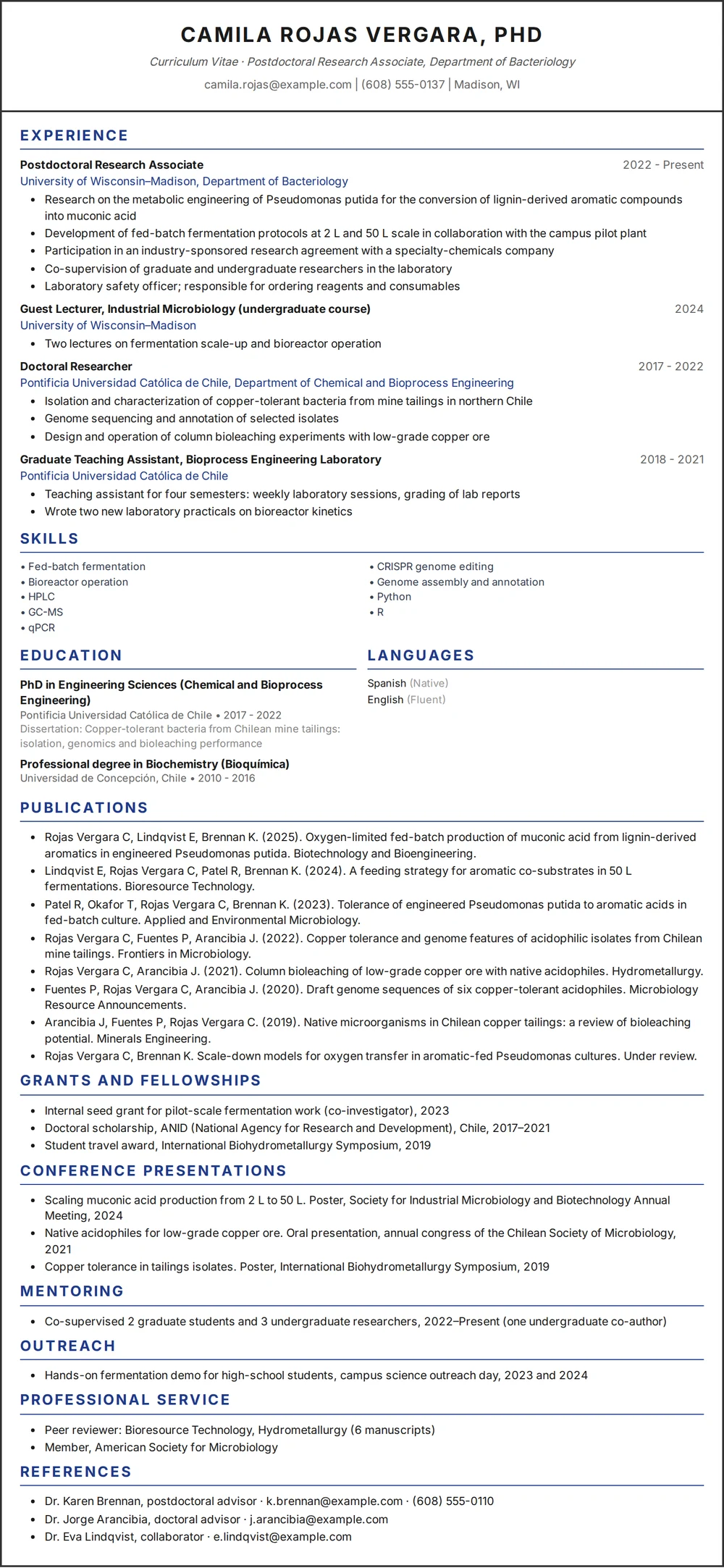 Example: fictional US academic CV of Camila Rojas Vergara, PhD, about a page and a half long, with four academic positions, eight full publication citations, grants, conference presentations, mentoring, outreach, service and three references