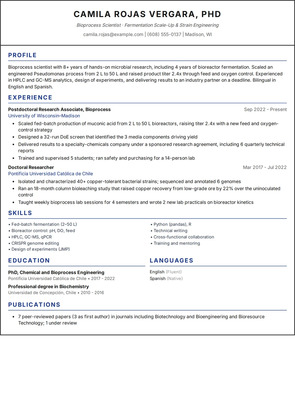 Example: the same career as a one-page industry resume for a Bioprocess Scientist role, with a summary, two positions with results in numbers, grouped skills and publications in one line