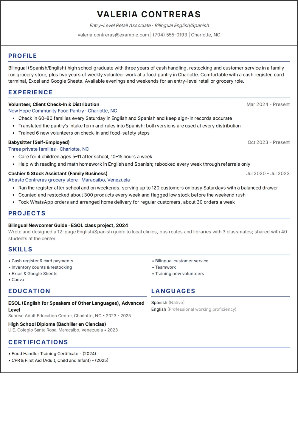 Example: fictional one-page US resume of Valeria Contreras, a bilingual entry-level retail candidate, with volunteer work at a food pantry, self-employed babysitting, a family grocery store in Venezuela, an ESL class project, skills, education and certifications