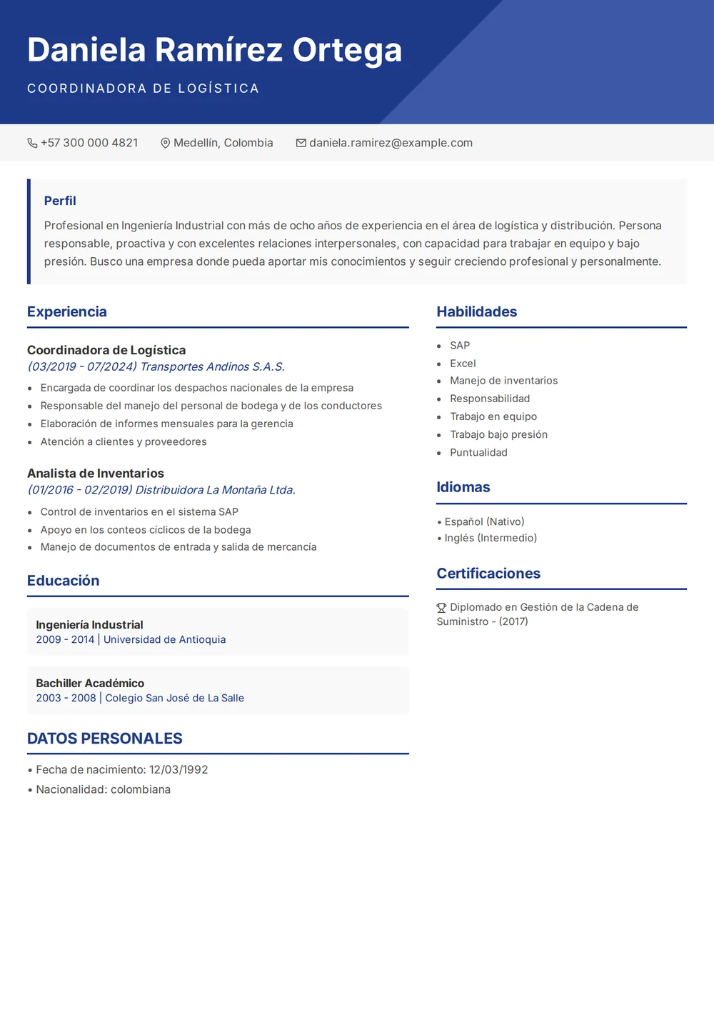 Example: fictional Colombian CV (hoja de vida) of Daniela Ramírez Ortega in Spanish, with a profile of personal qualities, duties and a personal details section with date of birth and nationality