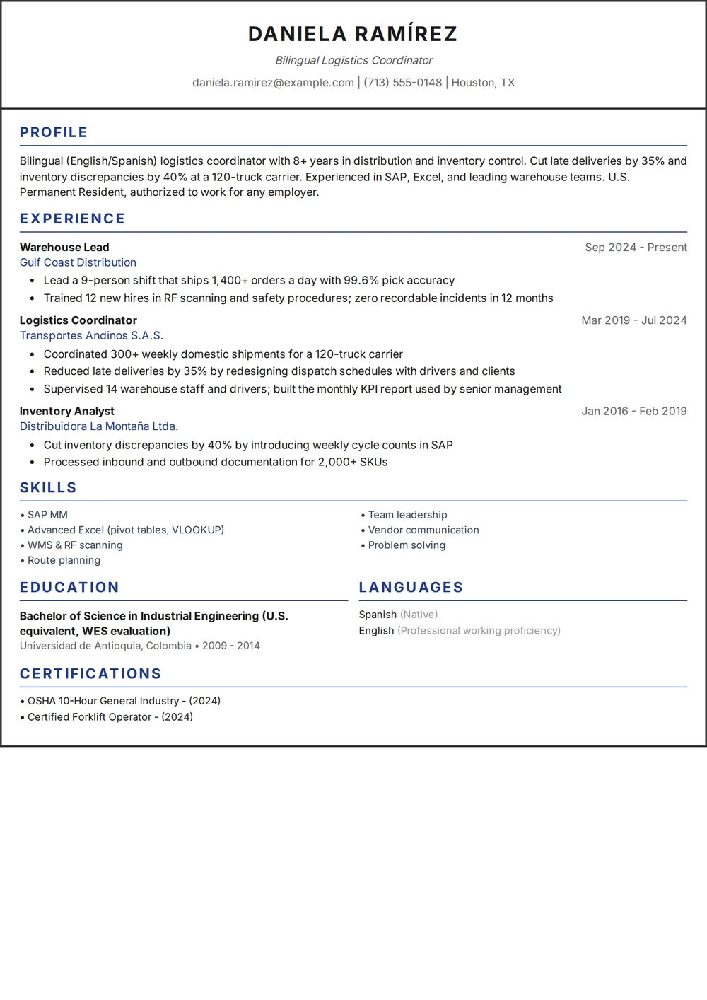 Example: the same career as a one-page US resume in English, with a results-based summary, achievements in numbers, US dates and no personal details